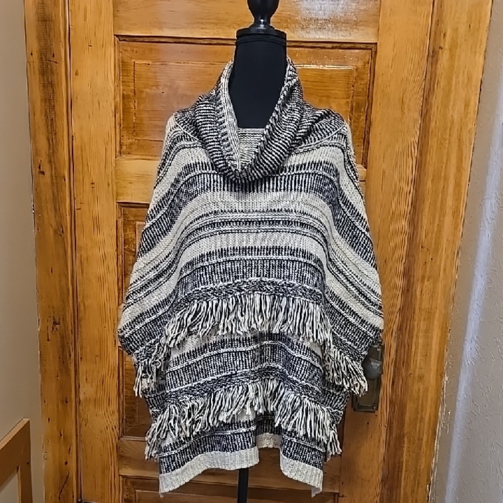 Linda Anderson Chic Boho Cowl Neck Striped Black and White Fringe Poncho OS